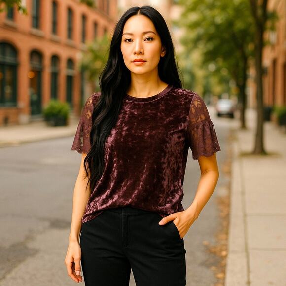 Jasmine and Juliana Velvet Dark Purple Lace Sleeve Blouse Small - Picture 1 of 6